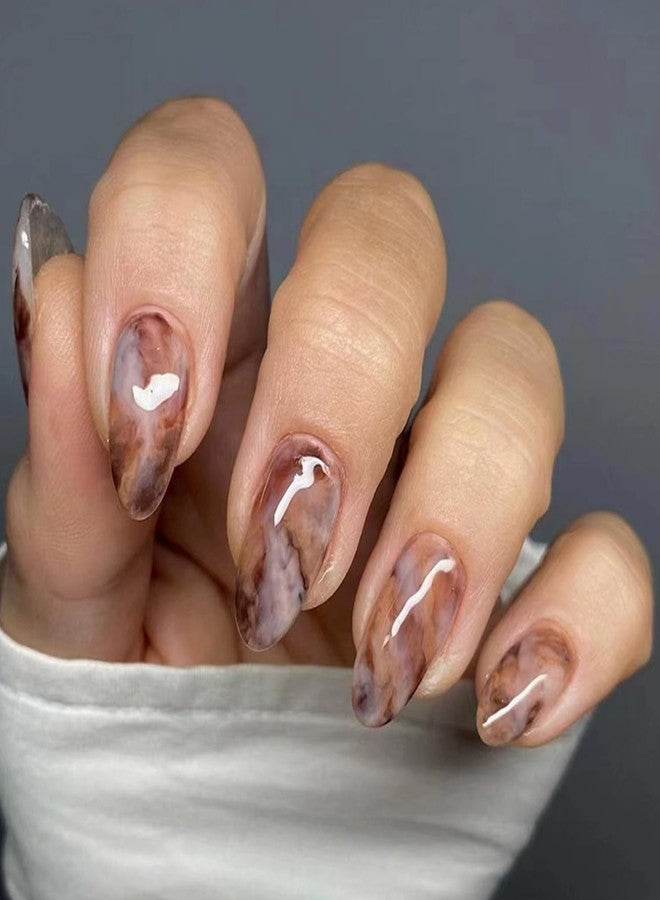 OSTTMA 24Pcs Almond Press on Nails Short Fake Nails Brown Gray Marble False Nails with Gradient Watercolor Halo Designs Glossy Glue on Nail Full Cover Artificial Acrylic Nail for Women Manicure - Image 1